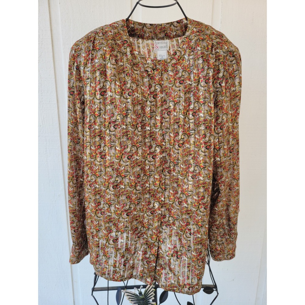 VTG Hasting & Smith Shirt 12 Top Large Blouse L Gold Paisley Semi Sheer Stripes